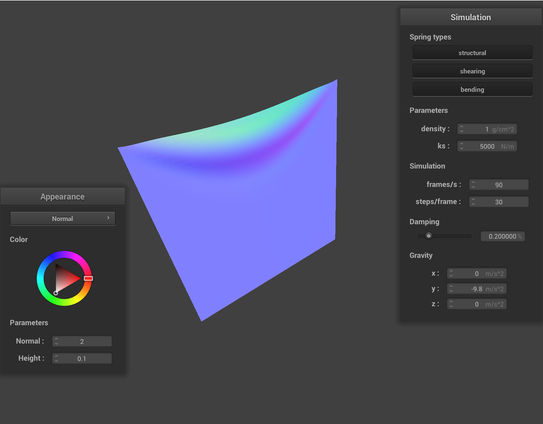 The cloth's final position with density = 1. Normal shading enabled.